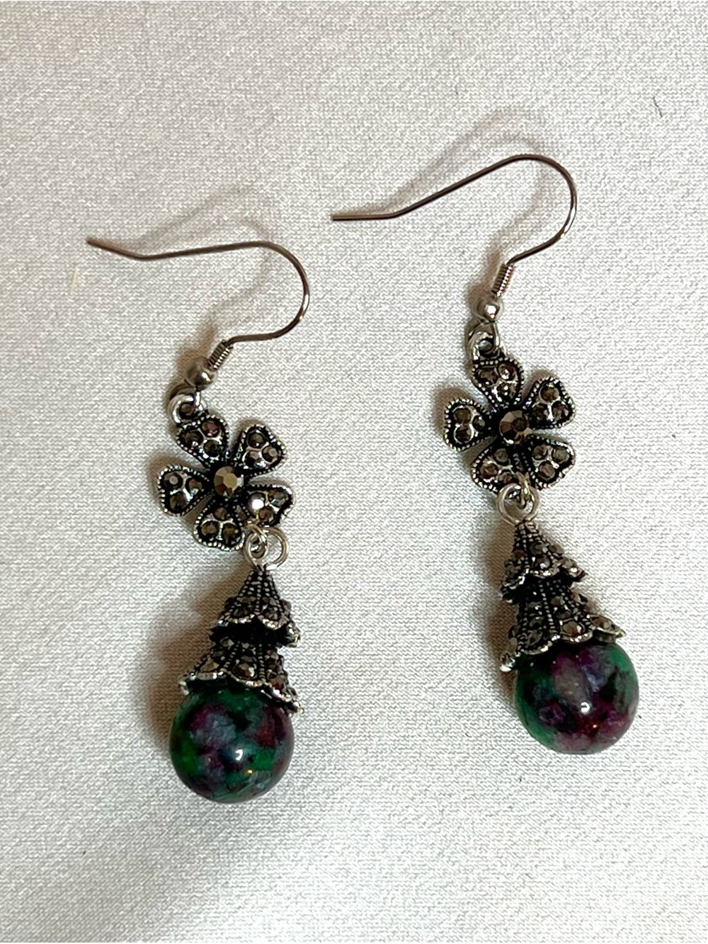 Ruby Zoisite and Marcasite Silver-Plated Drop Earrings